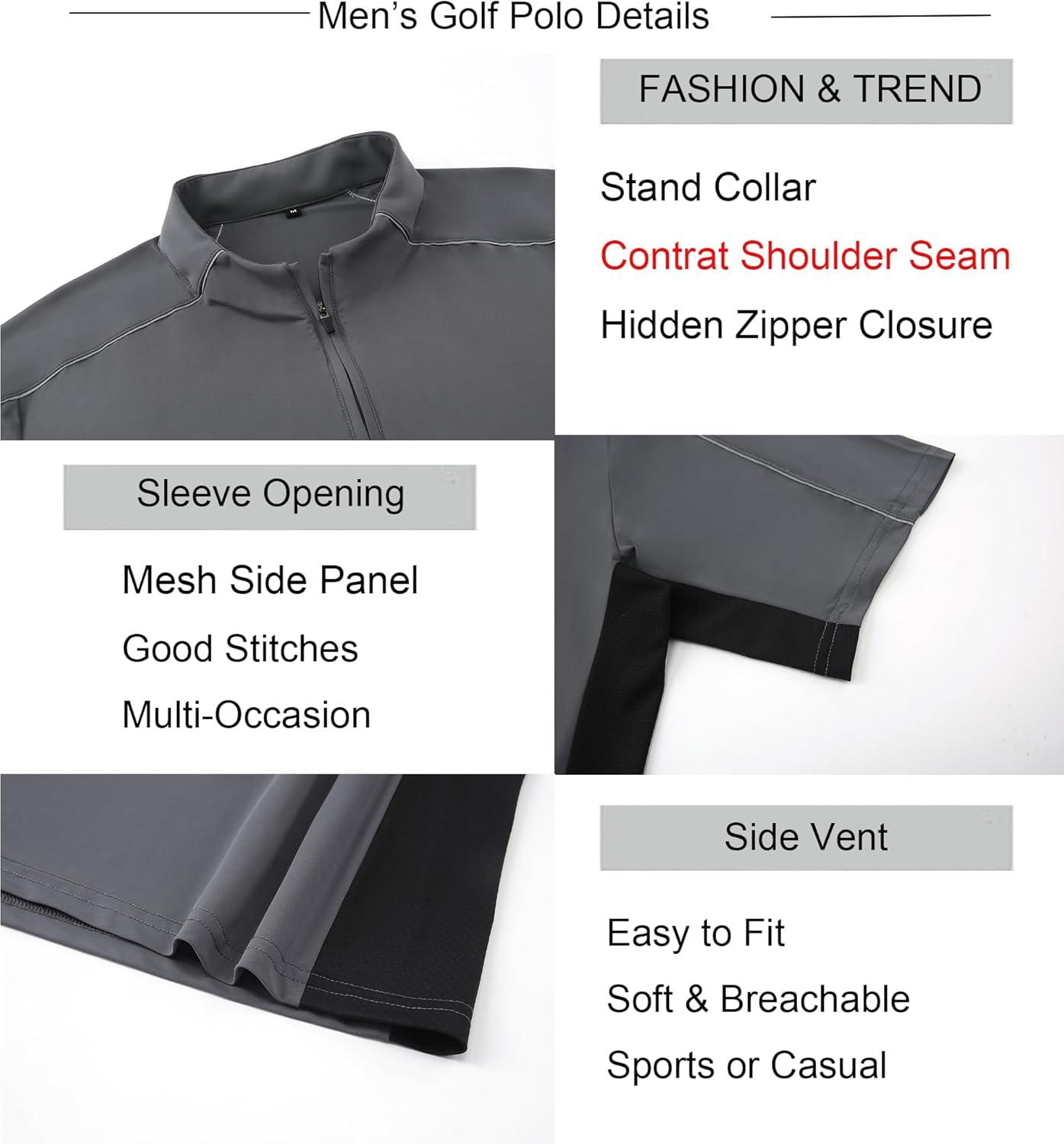 imageAlex Vando Mens Golf Polo Shirt Athletic Zip Up Short Sleeve Quick Dry Performance ShirtCharcoal