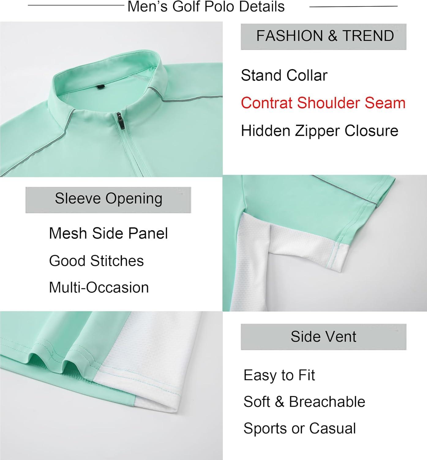 imageAlex Vando Mens Golf Polo Shirt Athletic Zip Up Short Sleeve Quick Dry Performance ShirtGreen
