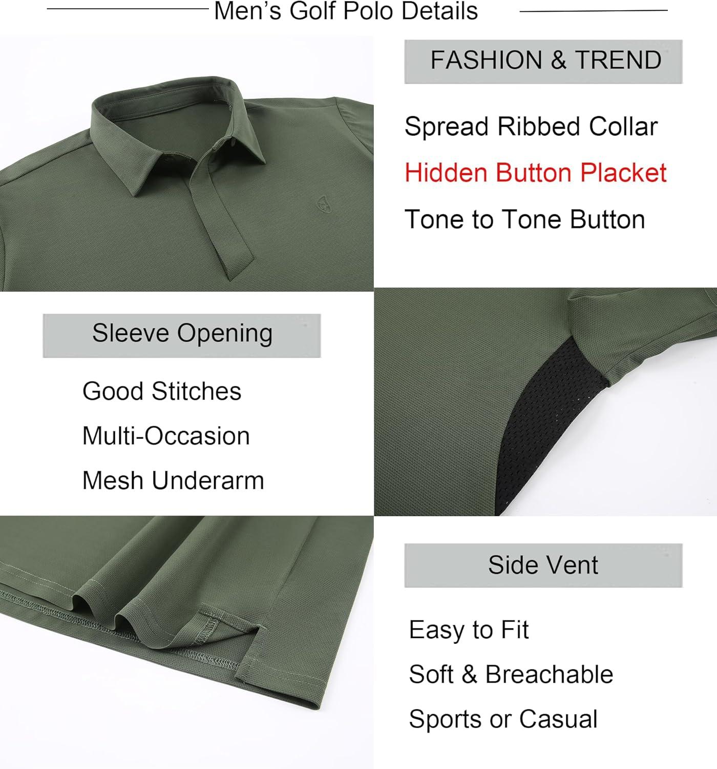 imageAlex Vando Mens Golf Polo Shirt Lightweight Textured 4Way Stretch Performance Polo with Mesh SideArmy