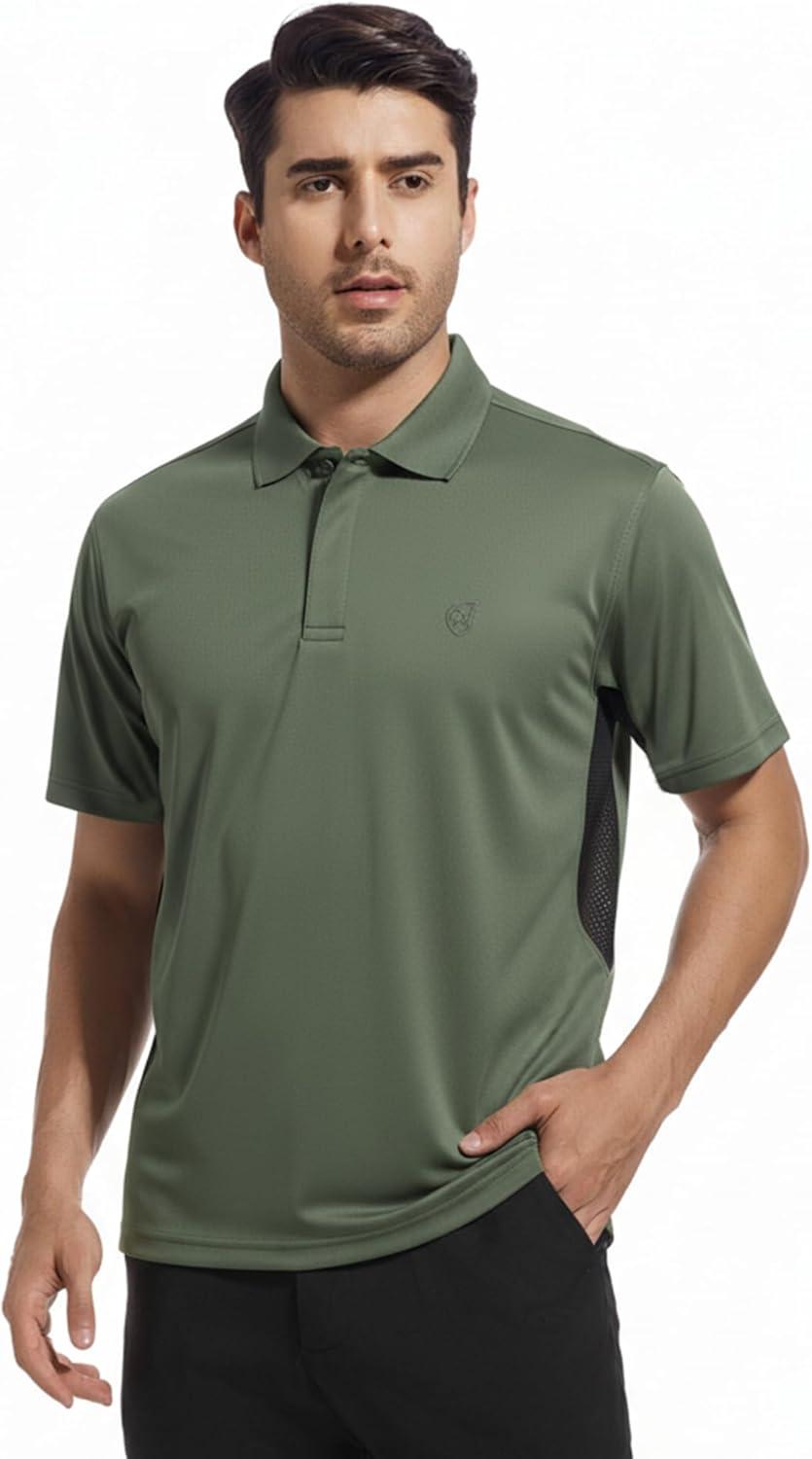 imageAlex Vando Mens Golf Polo Shirt Lightweight Textured 4Way Stretch Performance Polo with Mesh SideArmy