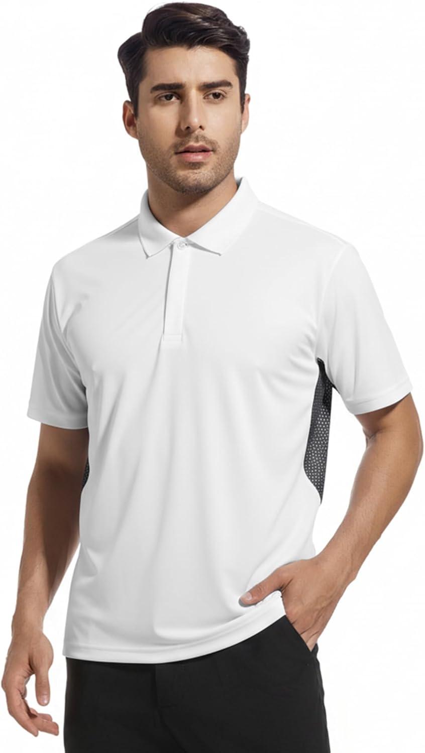 imageAlex Vando Mens Golf Polo Shirt Lightweight Textured 4Way Stretch Performance Polo with Mesh SideWhite