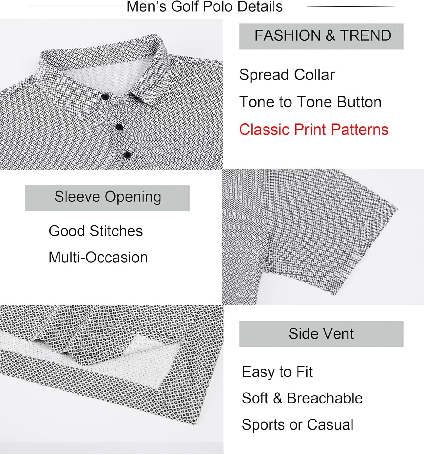 imageAlex Vando Mens Printed Golf Shirt Cooling Performance Short Sleeve Stretch Dress Polo Shirts MenBlack Diamond Dots