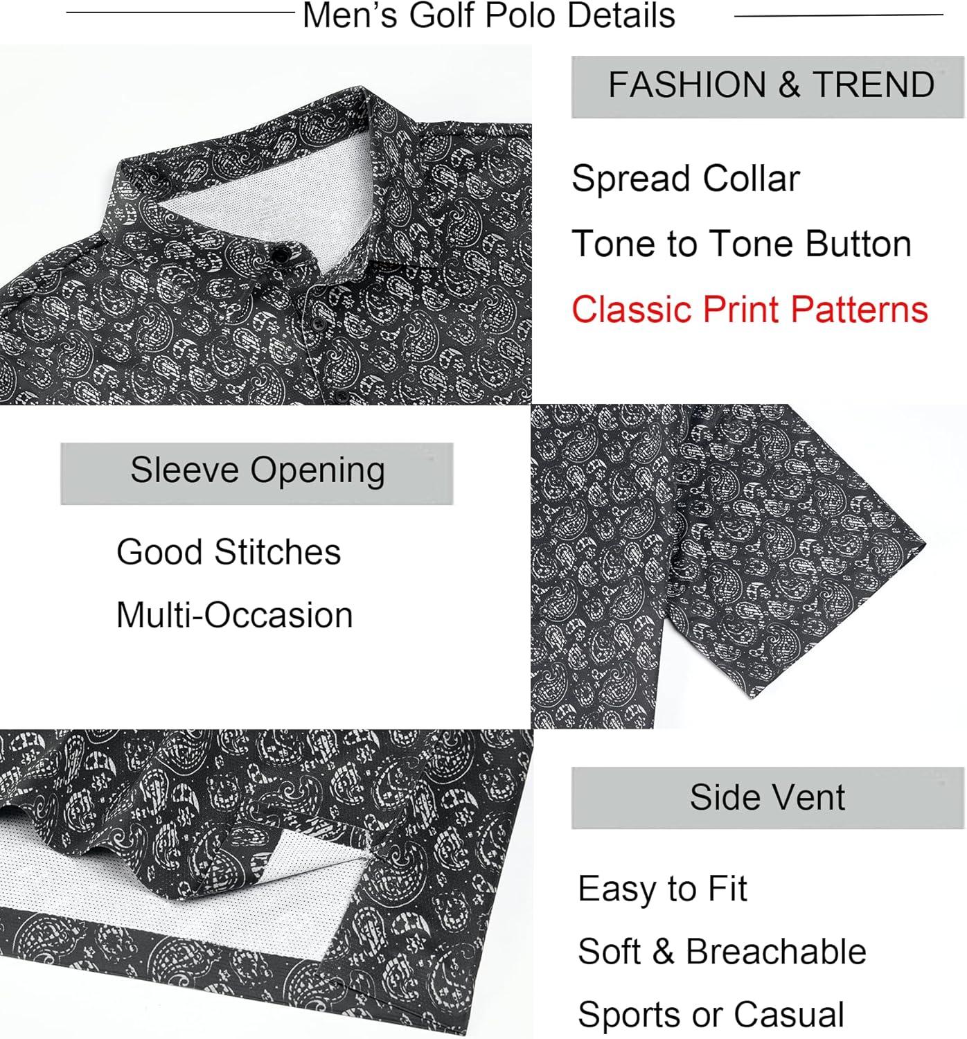 imageAlex Vando Mens Printed Golf Shirt Cooling Performance Short Sleeve Stretch Dress Polo Shirts MenBlack Paisley