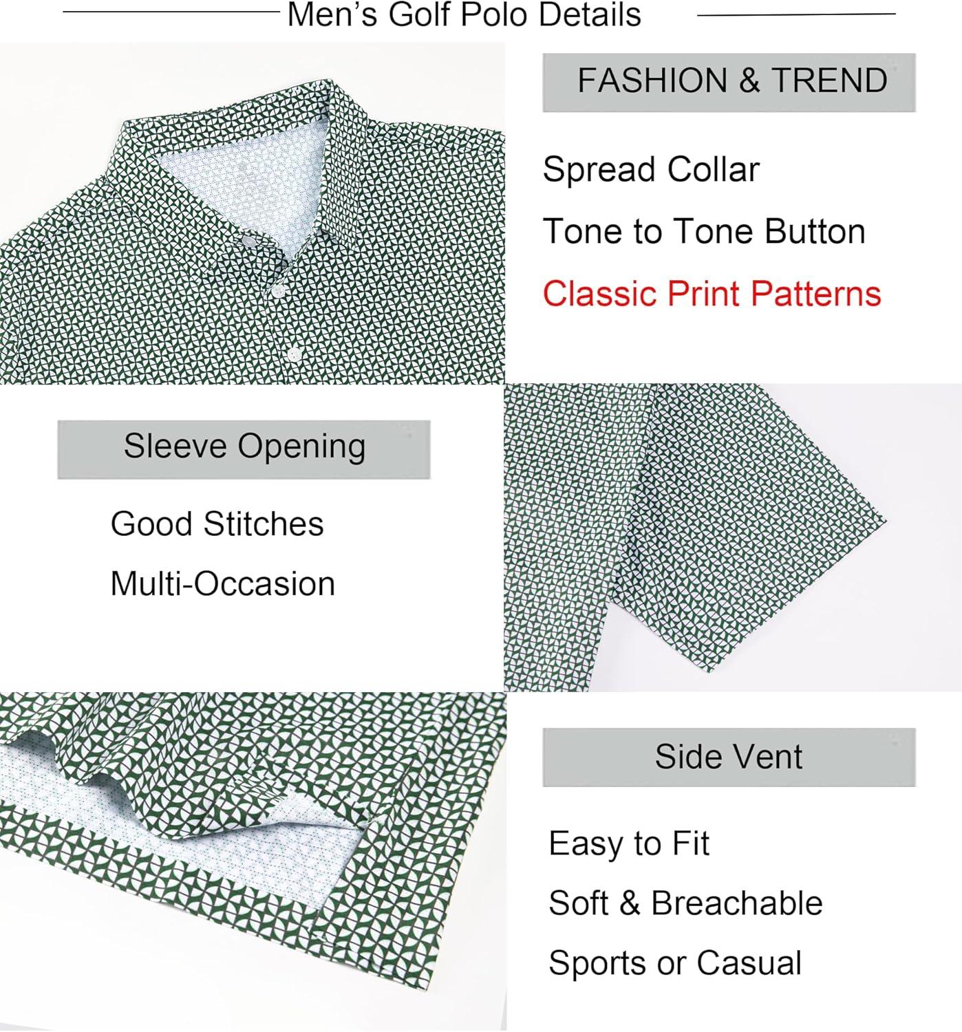 imageAlex Vando Mens Printed Golf Shirt Cooling Performance Short Sleeve Stretch Dress Polo Shirts MenGreen Geometric