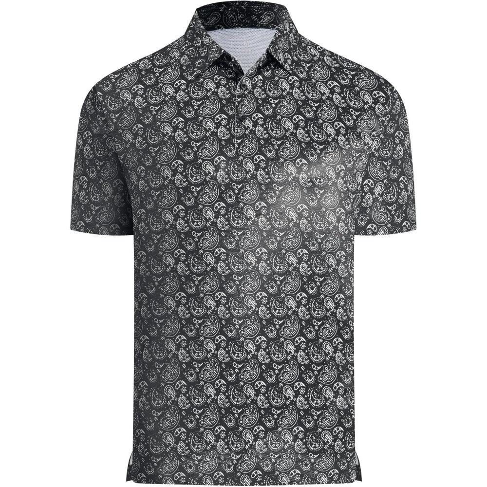 imageAlex Vando Mens Printed Golf Shirt Cooling Performance Short Sleeve Stretch Dress Polo Shirts MenBlack Paisley