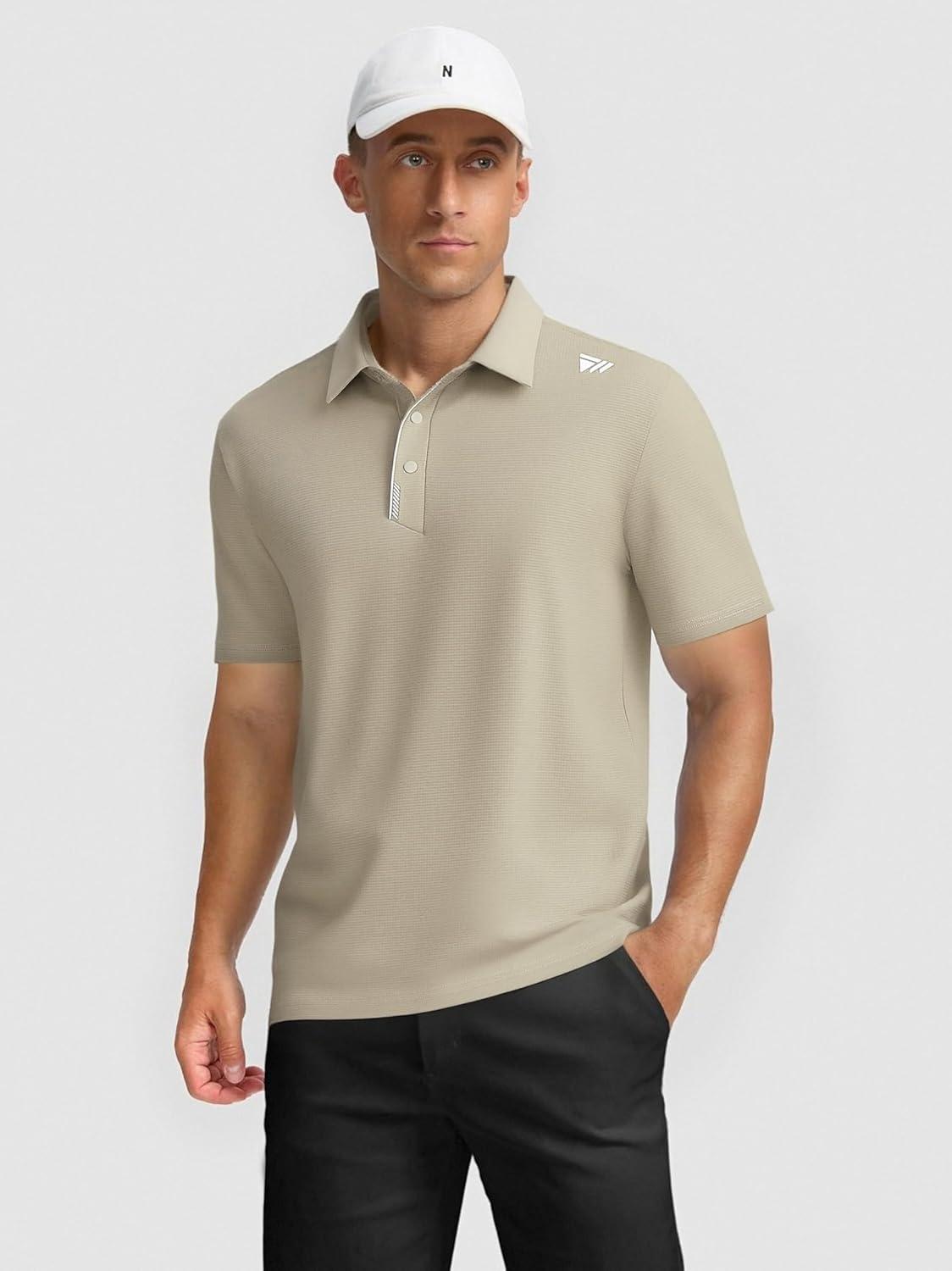 imageAlex Vando Mens Golf Shirts Moisture Wicking QuickDry Short Sleeve Performance Dry Fit Active Men Polo ShirtsKhaki