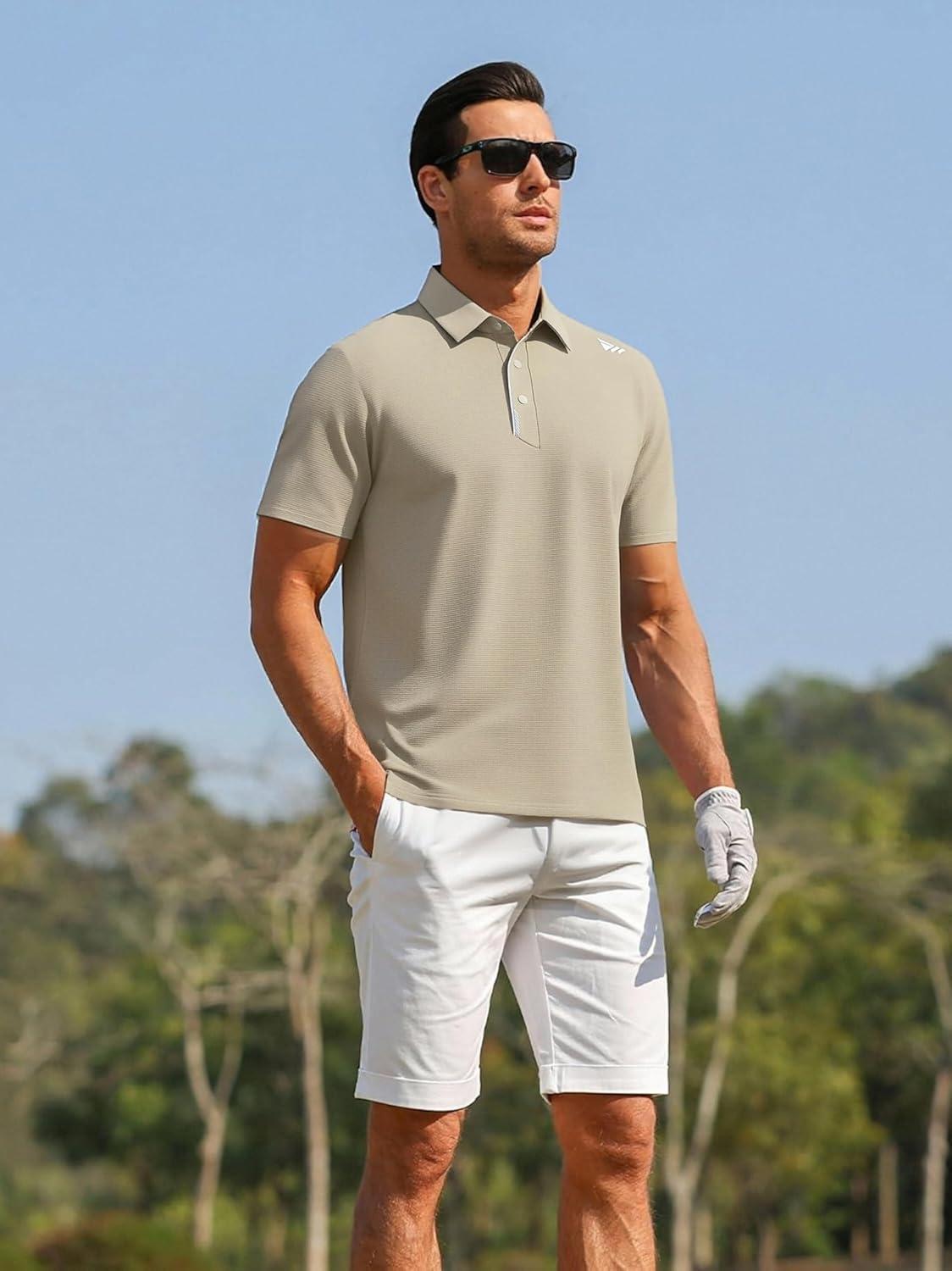 imageAlex Vando Mens Golf Shirts Moisture Wicking QuickDry Short Sleeve Performance Dry Fit Active Men Polo ShirtsKhaki