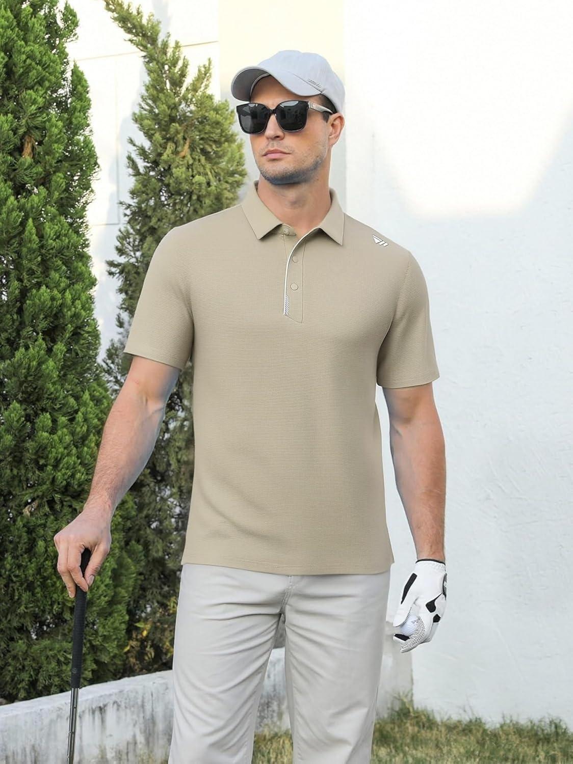 imageAlex Vando Mens Golf Shirts Moisture Wicking QuickDry Short Sleeve Performance Dry Fit Active Men Polo ShirtsKhaki