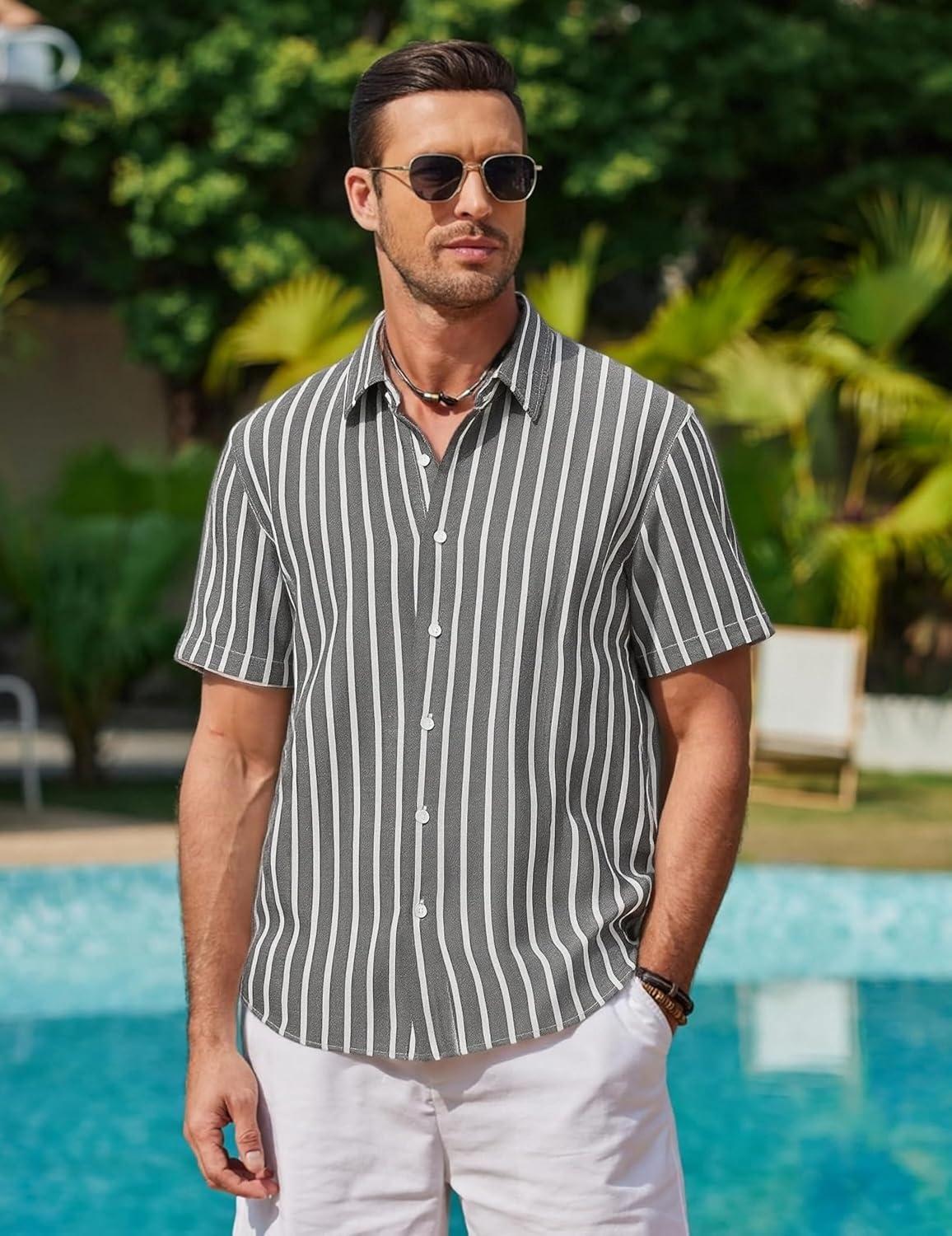 imageAlex Vando Mens Linen Short Sleeve Casual Button Down Shirt for Men Beach Wedding ShirtsBlack