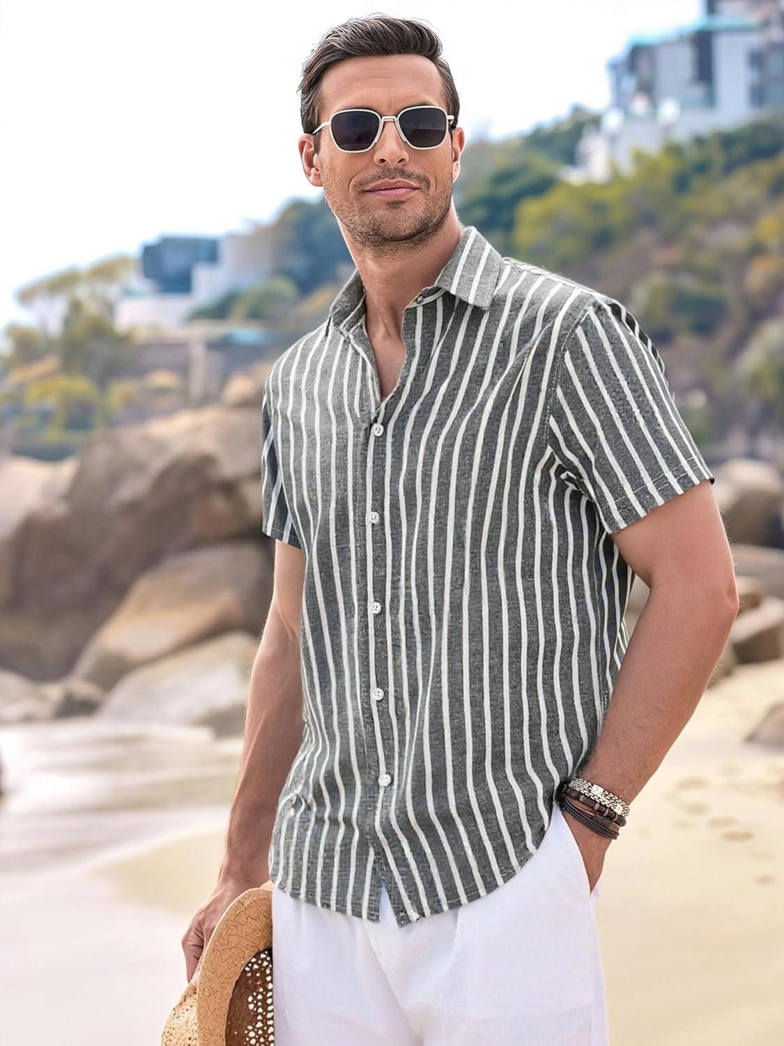 imageAlex Vando Mens Linen Short Sleeve Casual Button Down Shirt for Men Beach Wedding ShirtsBlack