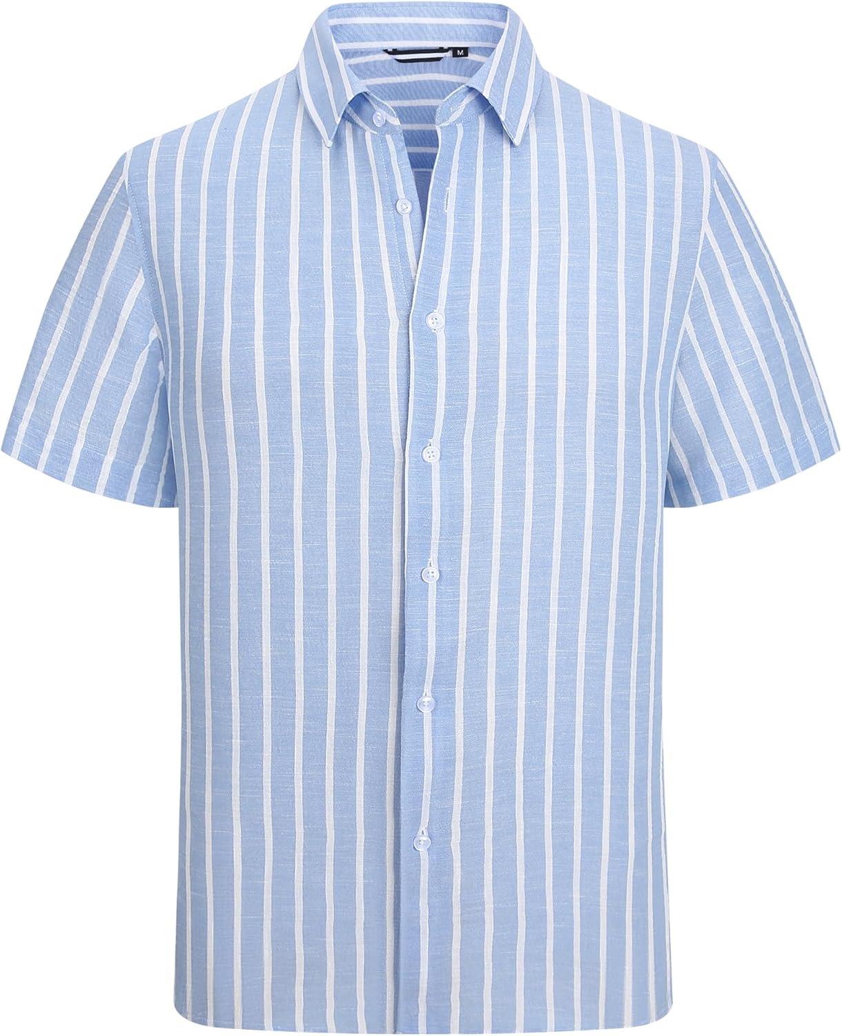 imageAlex Vando Mens Linen Short Sleeve Casual Button Down Shirt for Men Beach Wedding ShirtsBlue