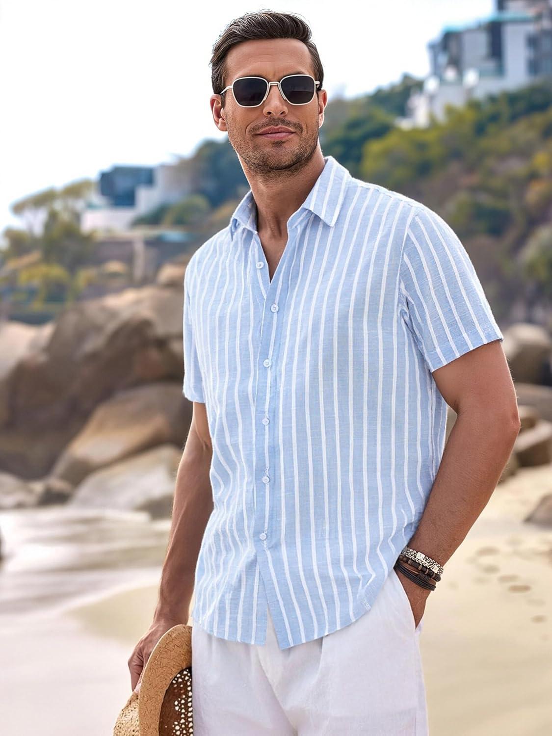 imageAlex Vando Mens Linen Short Sleeve Casual Button Down Shirt for Men Beach Wedding ShirtsBlue