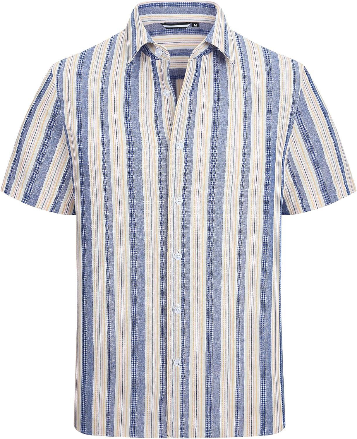 imageAlex Vando Mens Linen Short Sleeve Casual Button Down Shirt for Men Beach Wedding ShirtsBlueyellow