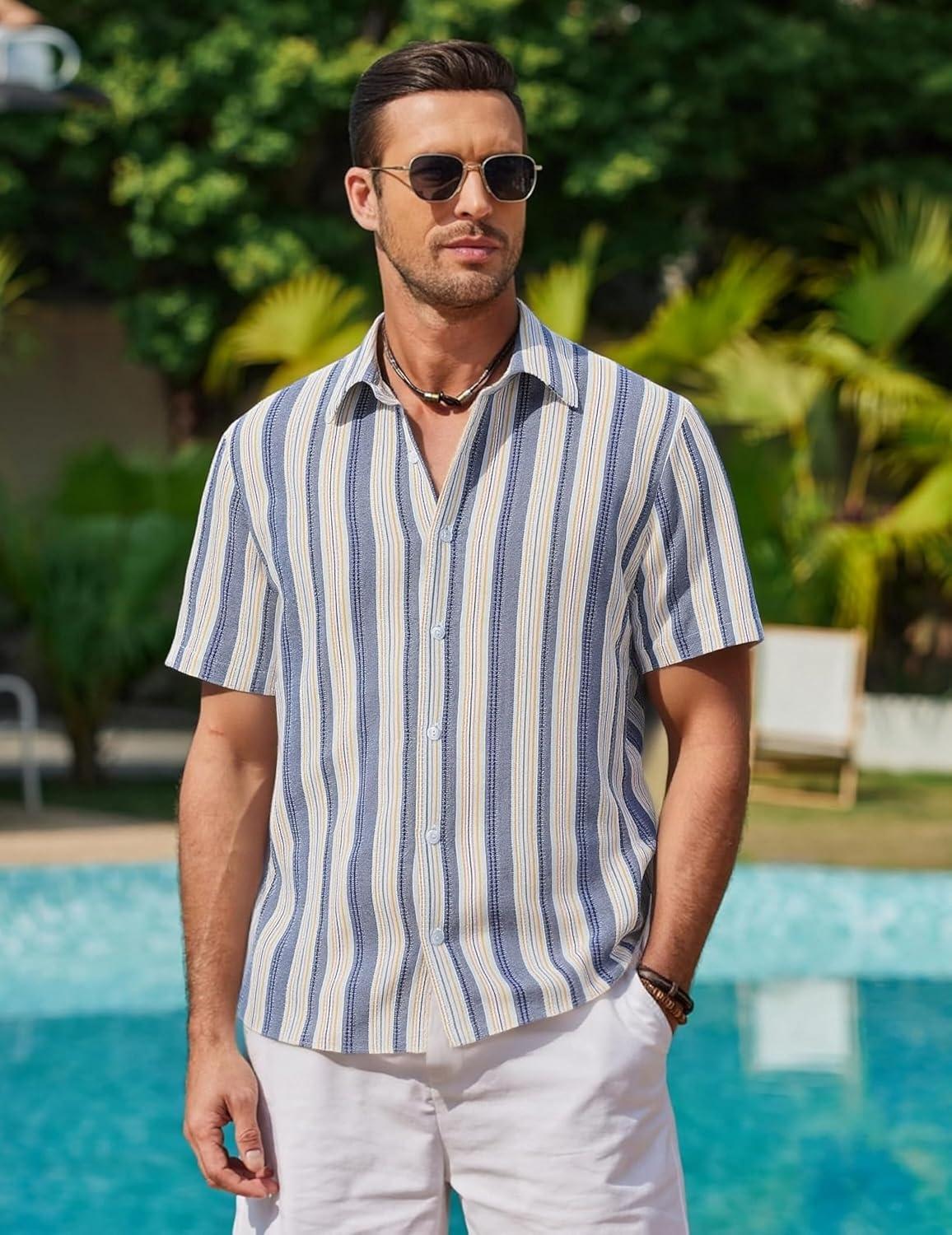 imageAlex Vando Mens Linen Short Sleeve Casual Button Down Shirt for Men Beach Wedding ShirtsBlueyellow