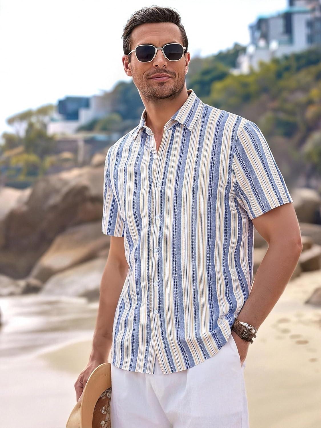 imageAlex Vando Mens Linen Short Sleeve Casual Button Down Shirt for Men Beach Wedding ShirtsBlueyellow