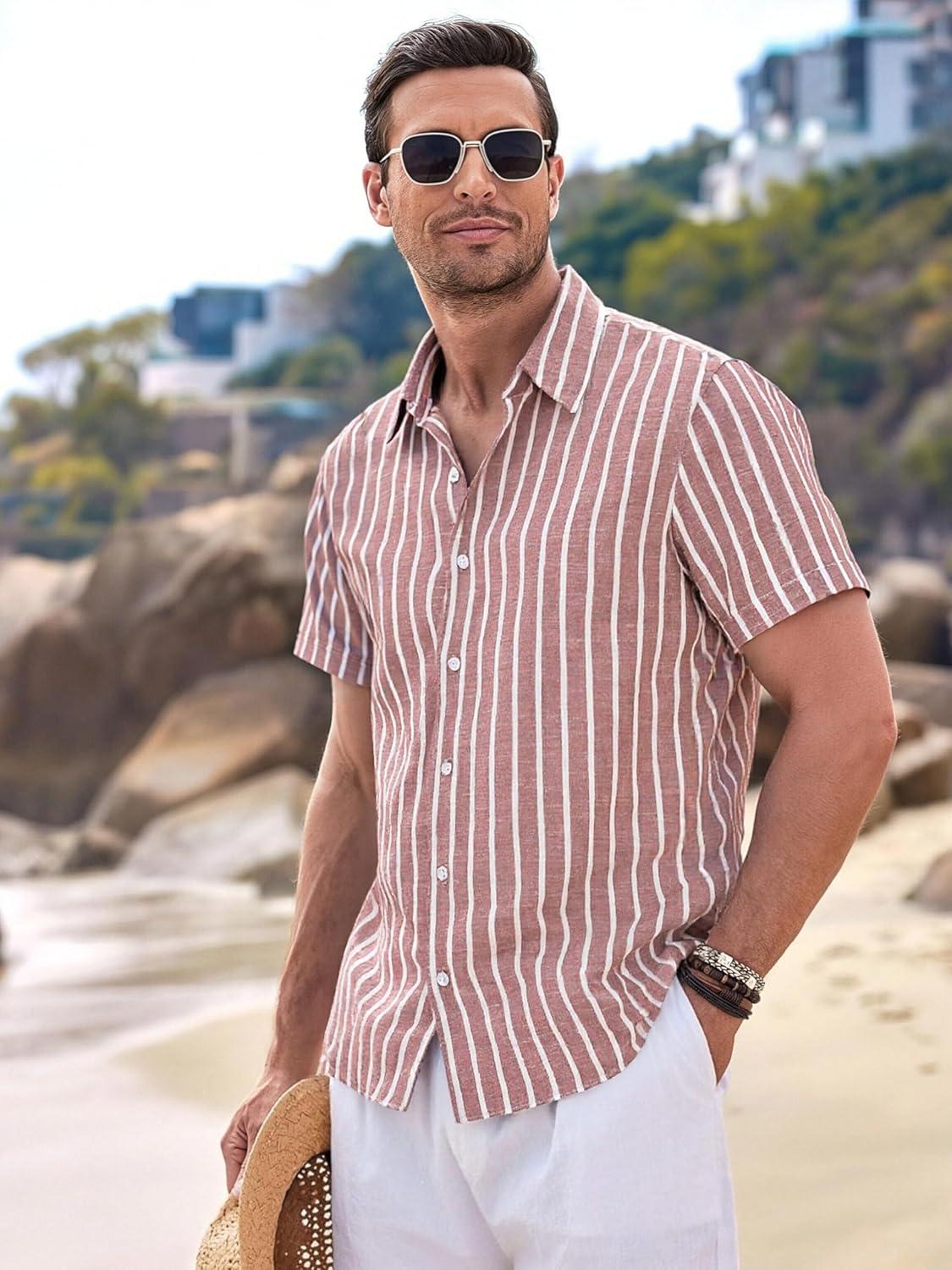 imageAlex Vando Mens Linen Short Sleeve Casual Button Down Shirt for Men Beach Wedding ShirtsBurgundy