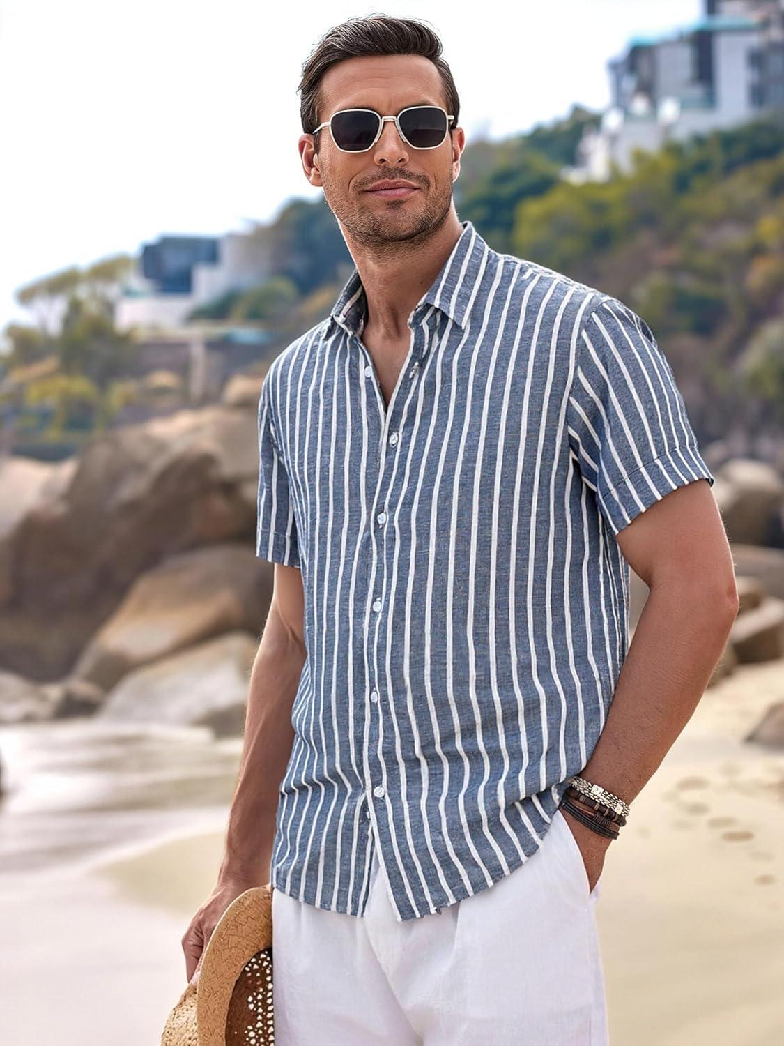 imageAlex Vando Mens Linen Short Sleeve Casual Button Down Shirt for Men Beach Wedding ShirtsDarkblue