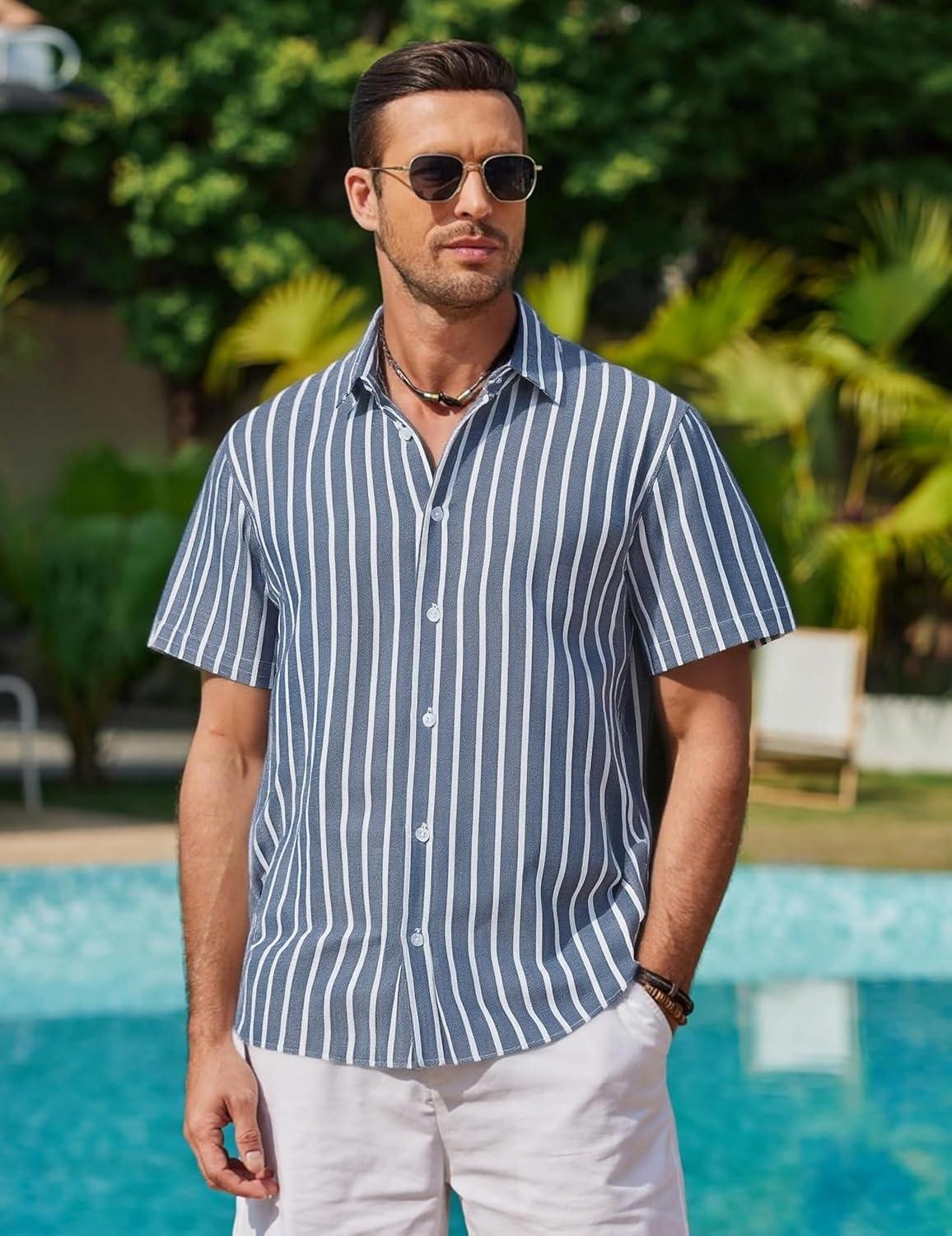imageAlex Vando Mens Linen Short Sleeve Casual Button Down Shirt for Men Beach Wedding ShirtsDarkblue