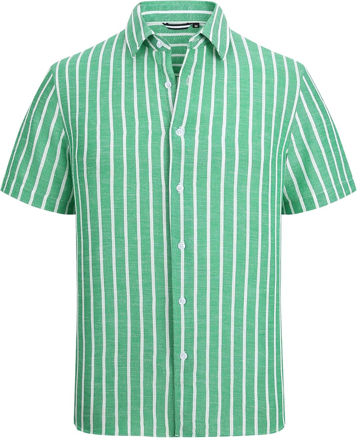 imageAlex Vando Mens Linen Short Sleeve Casual Button Down Shirt for Men Beach Wedding ShirtsGreen