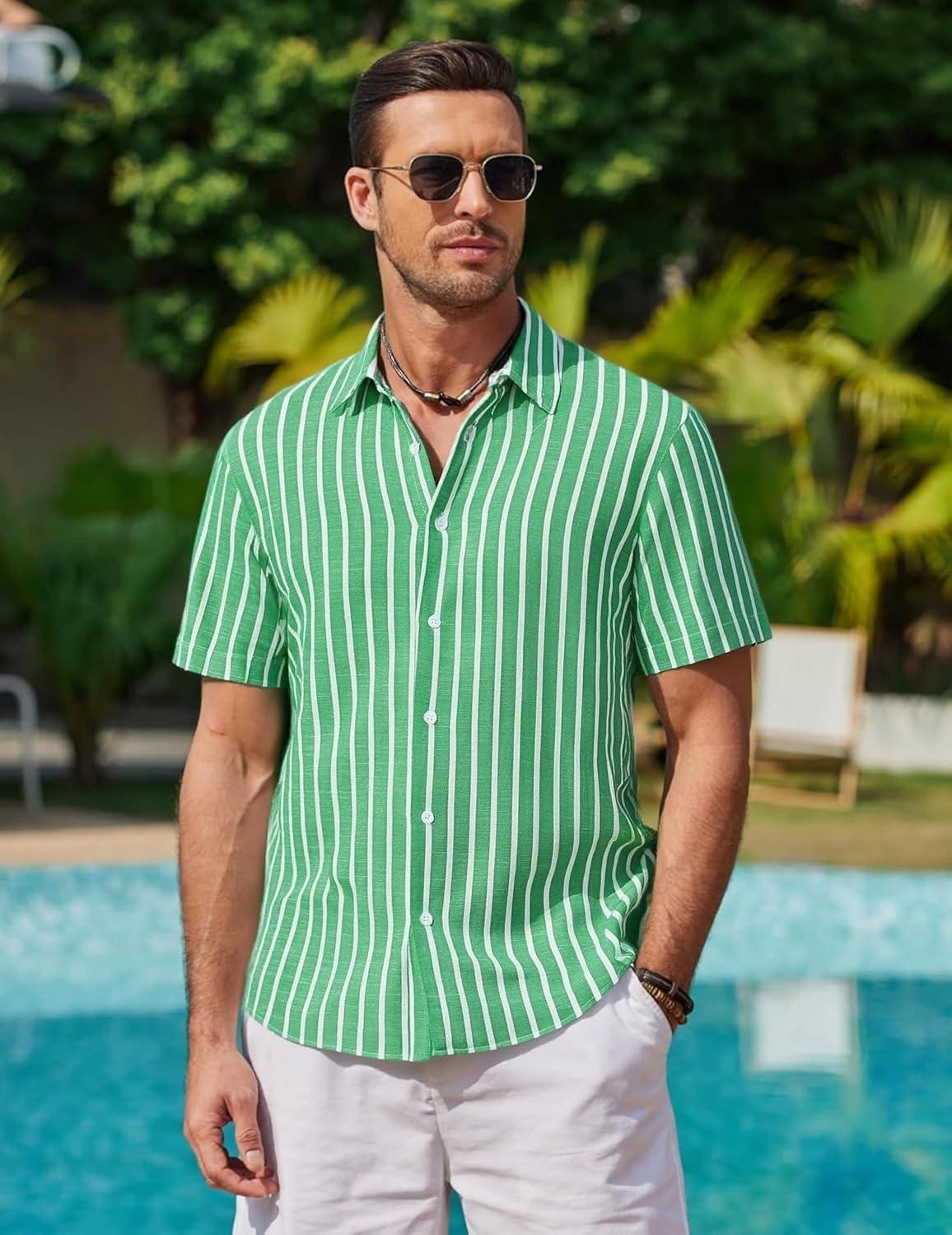 imageAlex Vando Mens Linen Short Sleeve Casual Button Down Shirt for Men Beach Wedding ShirtsGreen