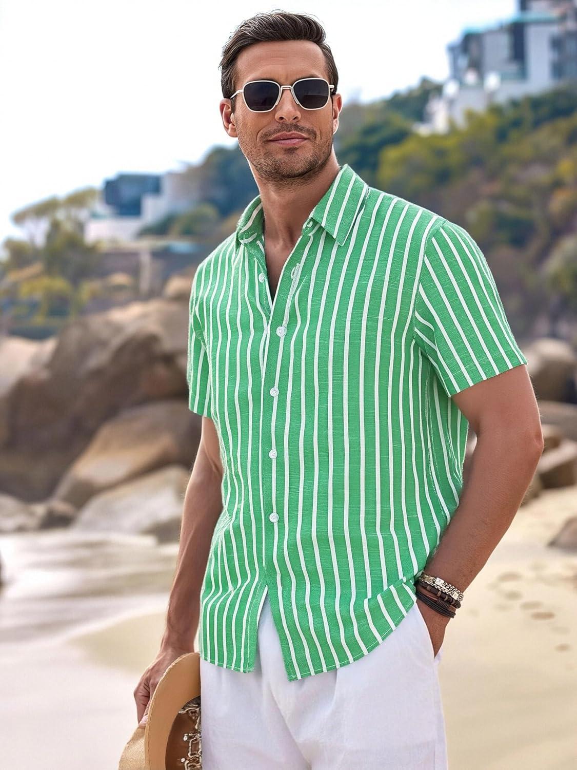 imageAlex Vando Mens Linen Short Sleeve Casual Button Down Shirt for Men Beach Wedding ShirtsGreen