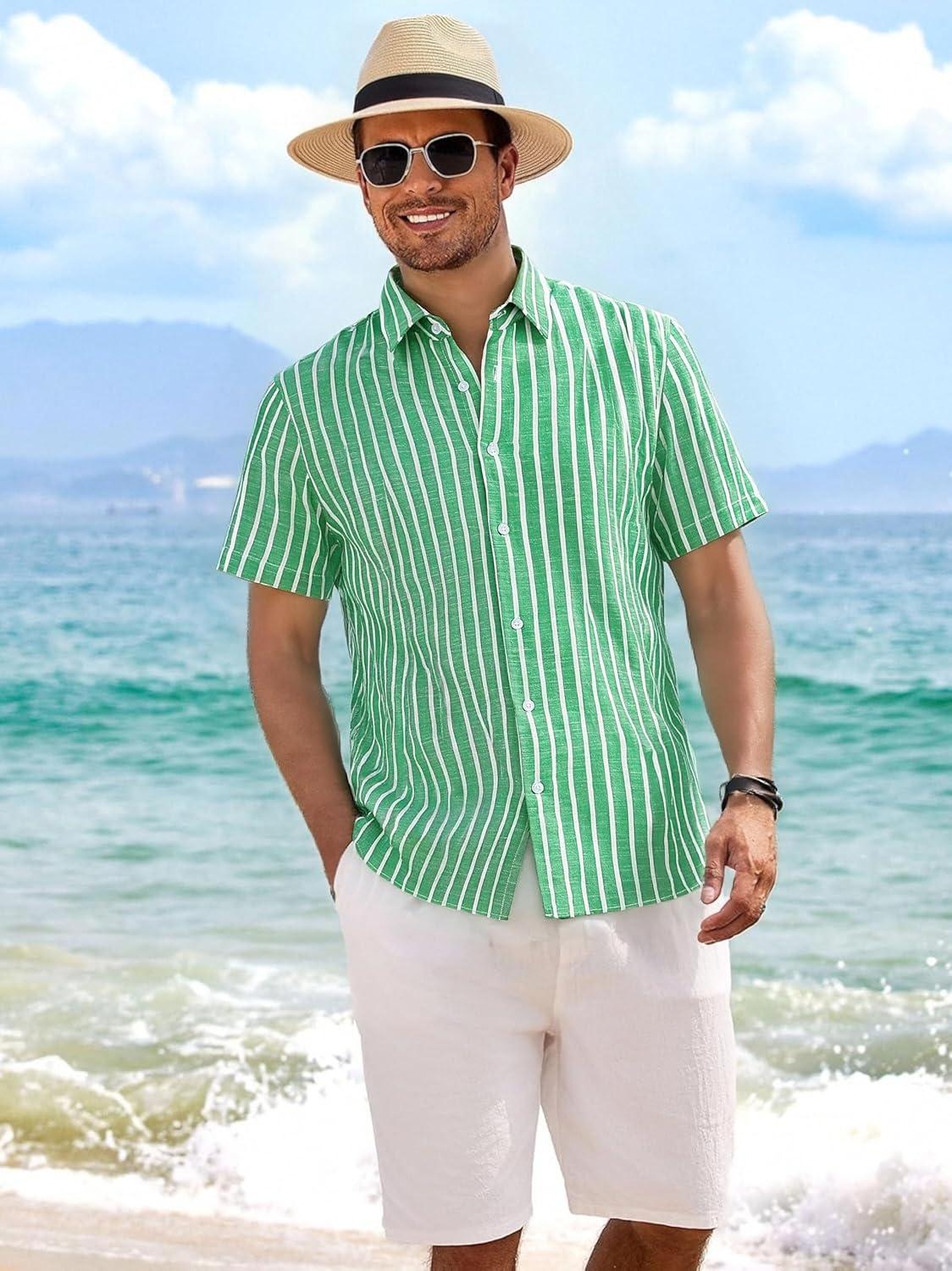 imageAlex Vando Mens Linen Short Sleeve Casual Button Down Shirt for Men Beach Wedding ShirtsGreen