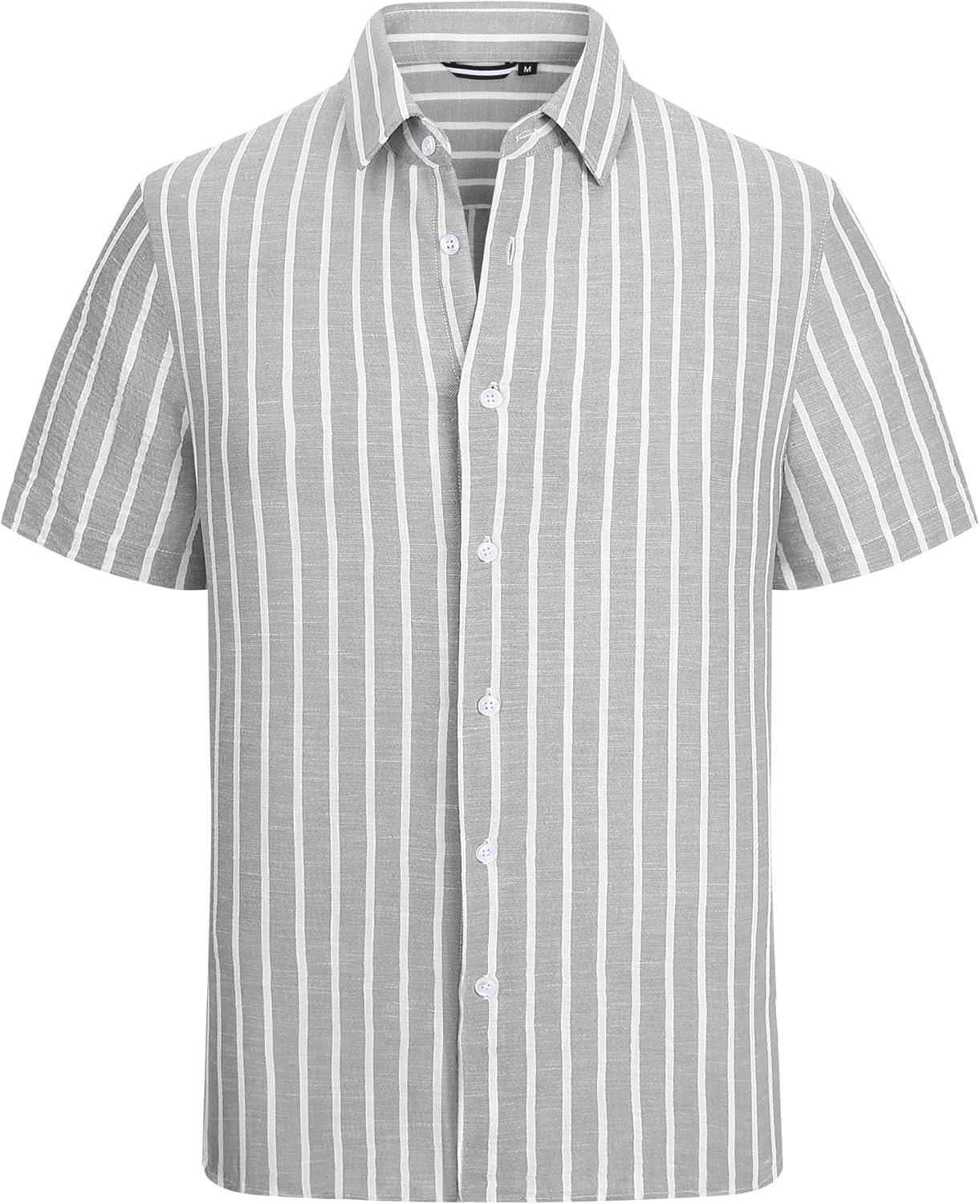 imageAlex Vando Mens Linen Short Sleeve Casual Button Down Shirt for Men Beach Wedding ShirtsGrey