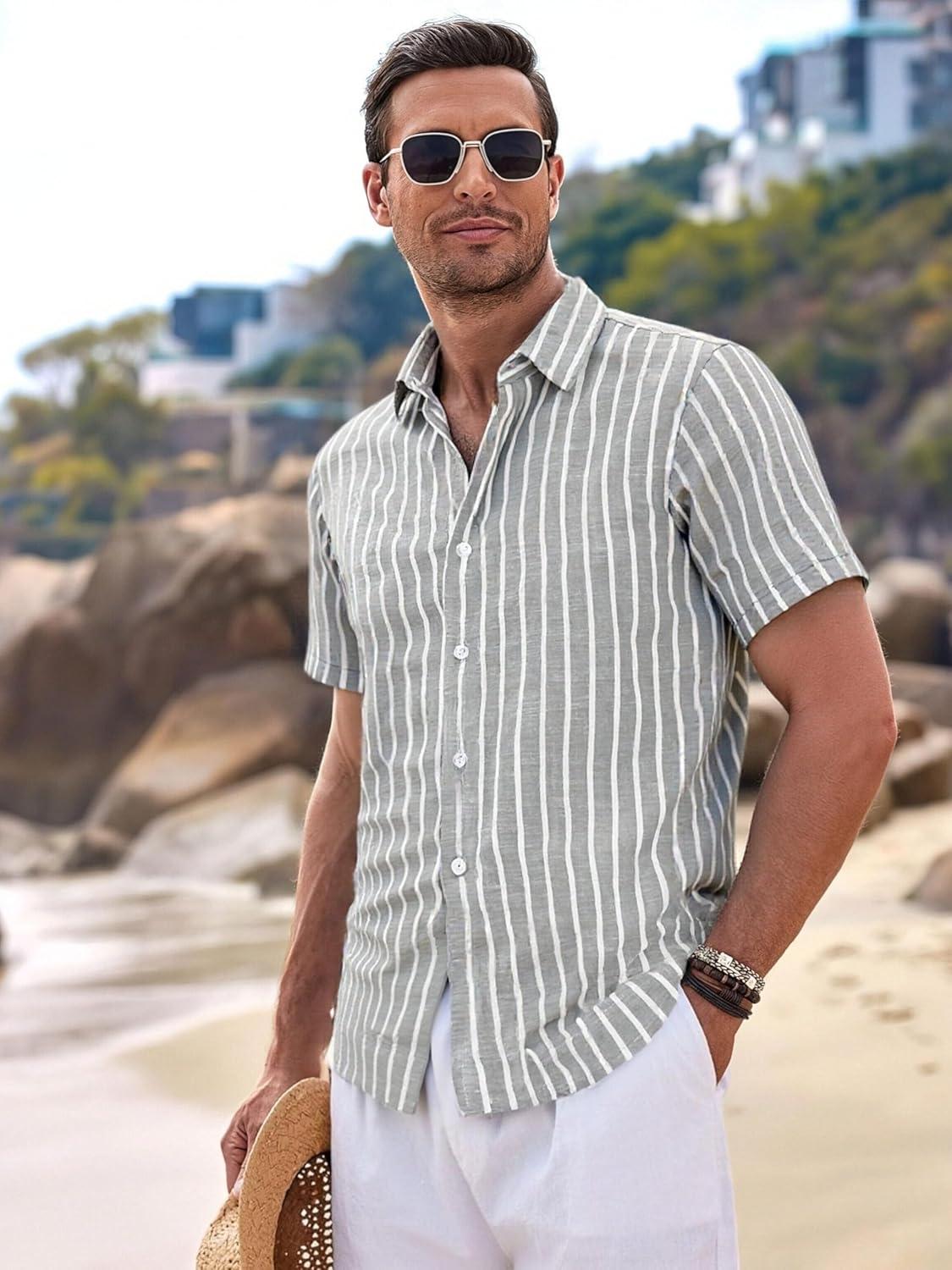 imageAlex Vando Mens Linen Short Sleeve Casual Button Down Shirt for Men Beach Wedding ShirtsGrey