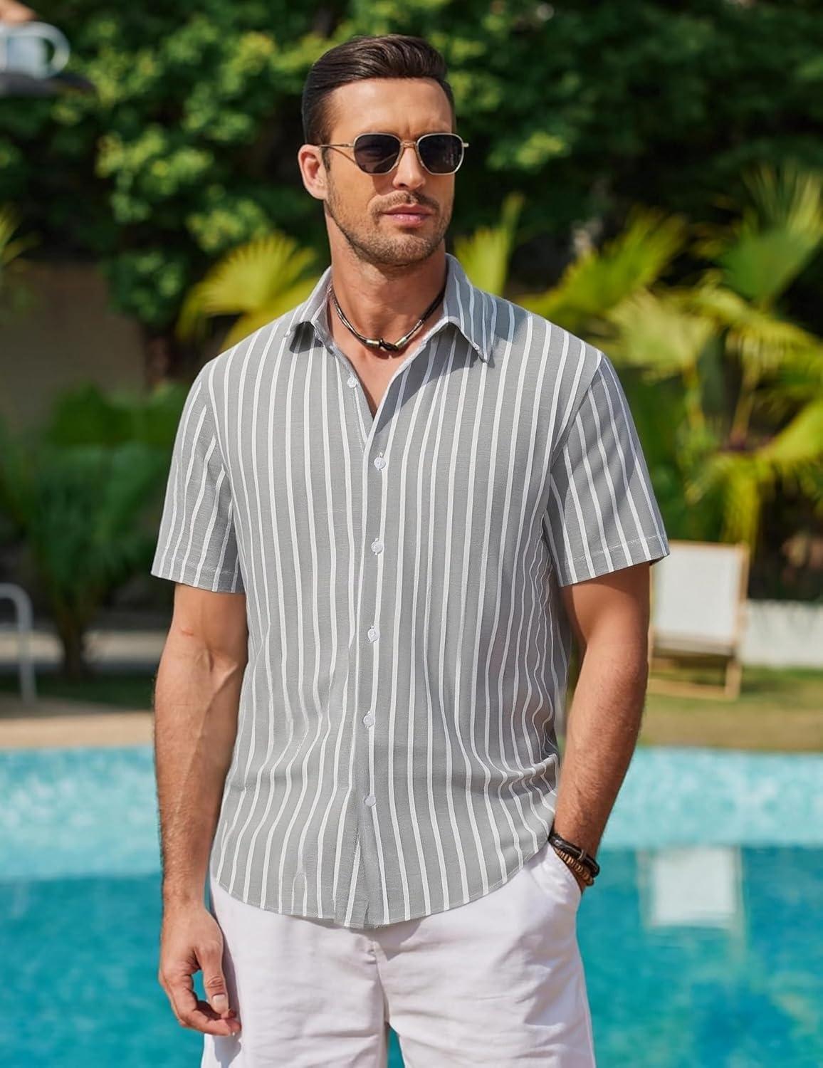 imageAlex Vando Mens Linen Short Sleeve Casual Button Down Shirt for Men Beach Wedding ShirtsGrey