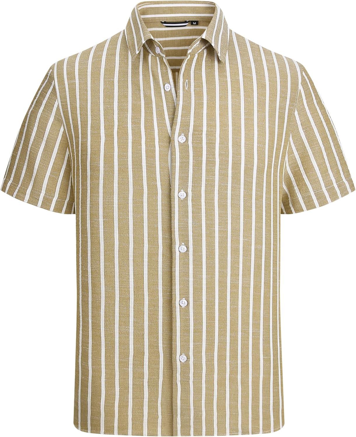 imageAlex Vando Mens Linen Short Sleeve Casual Button Down Shirt for Men Beach Wedding ShirtsKhaki