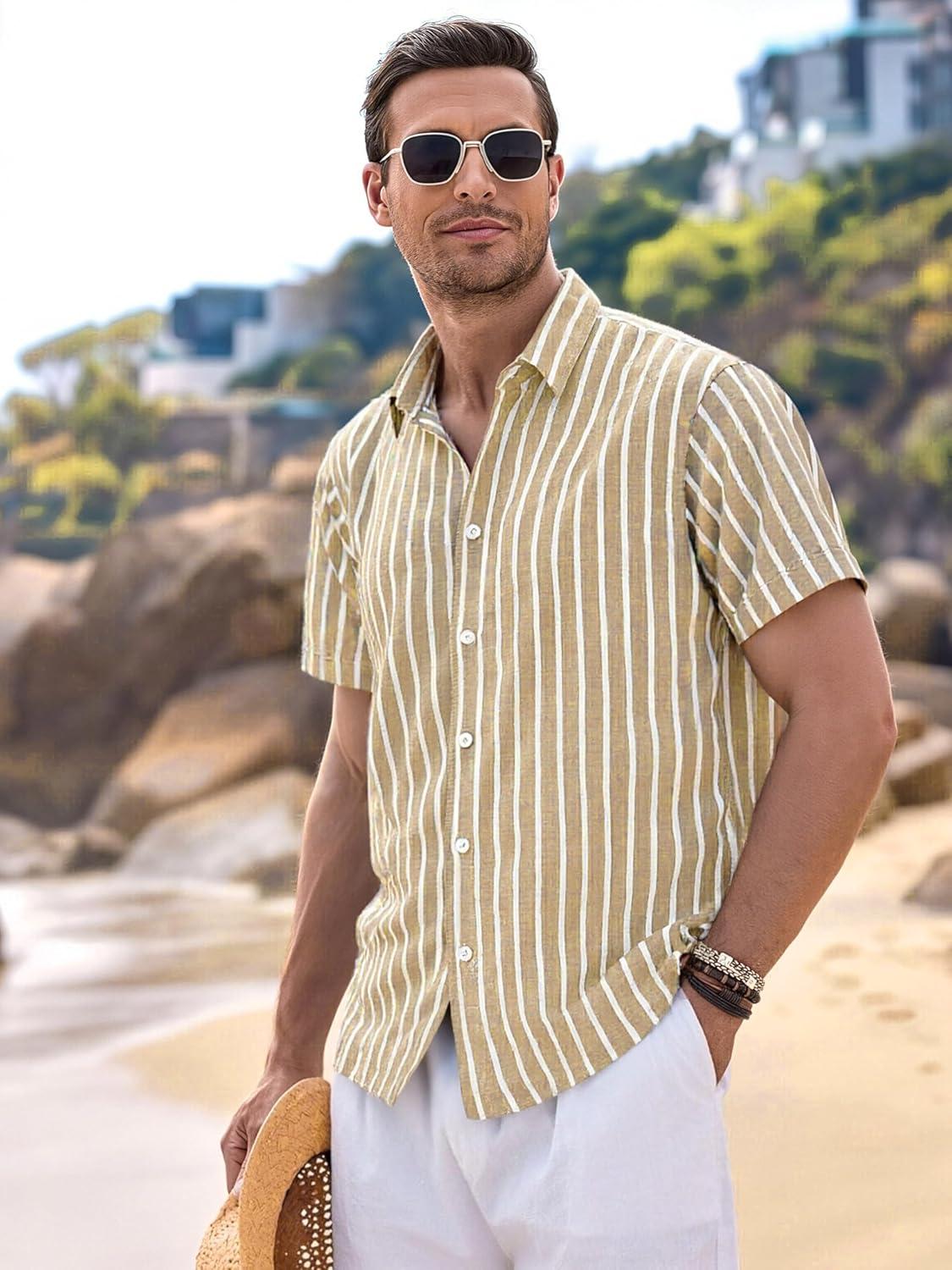 imageAlex Vando Mens Linen Short Sleeve Casual Button Down Shirt for Men Beach Wedding ShirtsKhaki