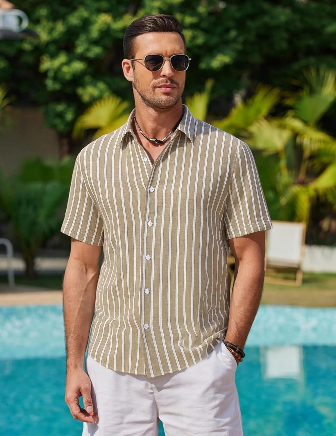 imageAlex Vando Mens Linen Short Sleeve Casual Button Down Shirt for Men Beach Wedding ShirtsKhaki