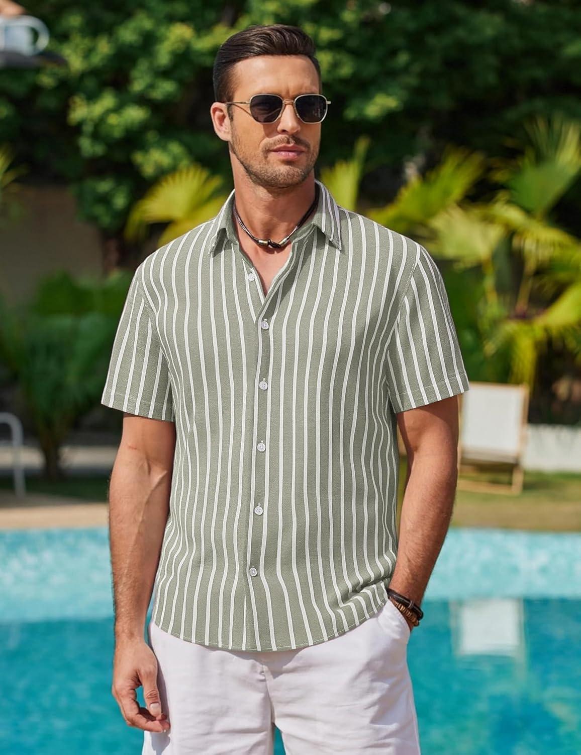 imageAlex Vando Mens Linen Short Sleeve Casual Button Down Shirt for Men Beach Wedding ShirtsLtgreen