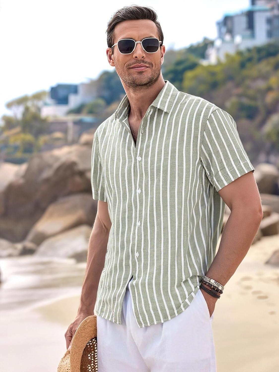 imageAlex Vando Mens Linen Short Sleeve Casual Button Down Shirt for Men Beach Wedding ShirtsLtgreen