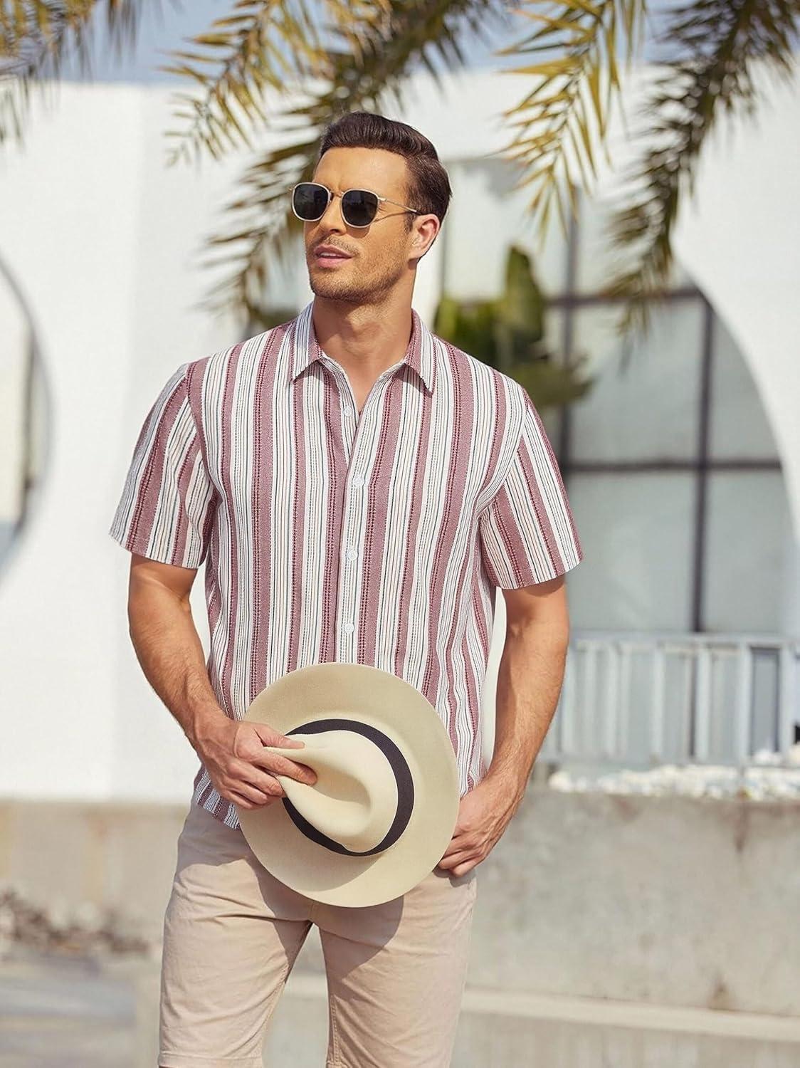imageAlex Vando Mens Linen Short Sleeve Casual Button Down Shirt for Men Beach Wedding ShirtsRedwhite