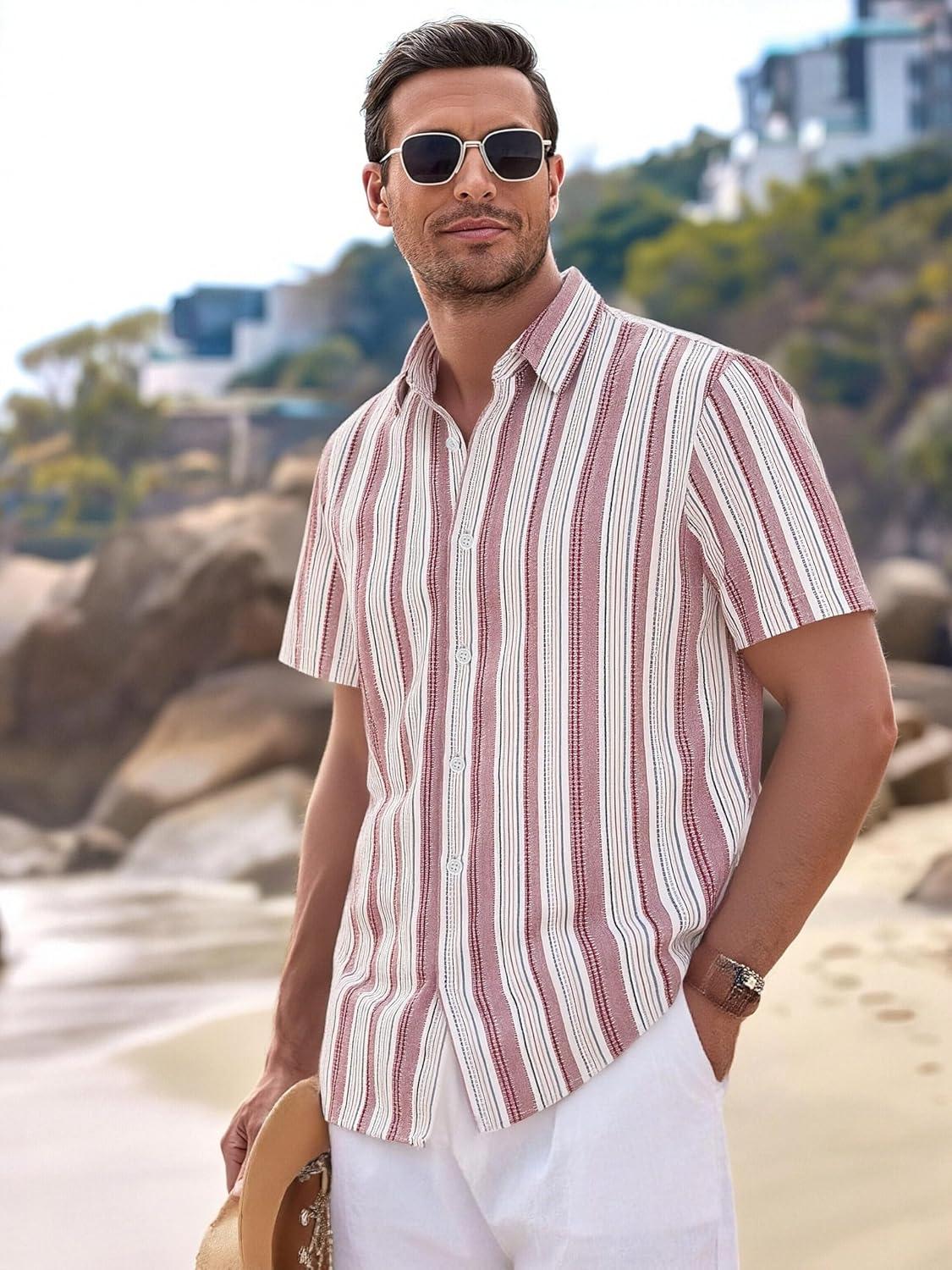 imageAlex Vando Mens Linen Short Sleeve Casual Button Down Shirt for Men Beach Wedding ShirtsRedwhite