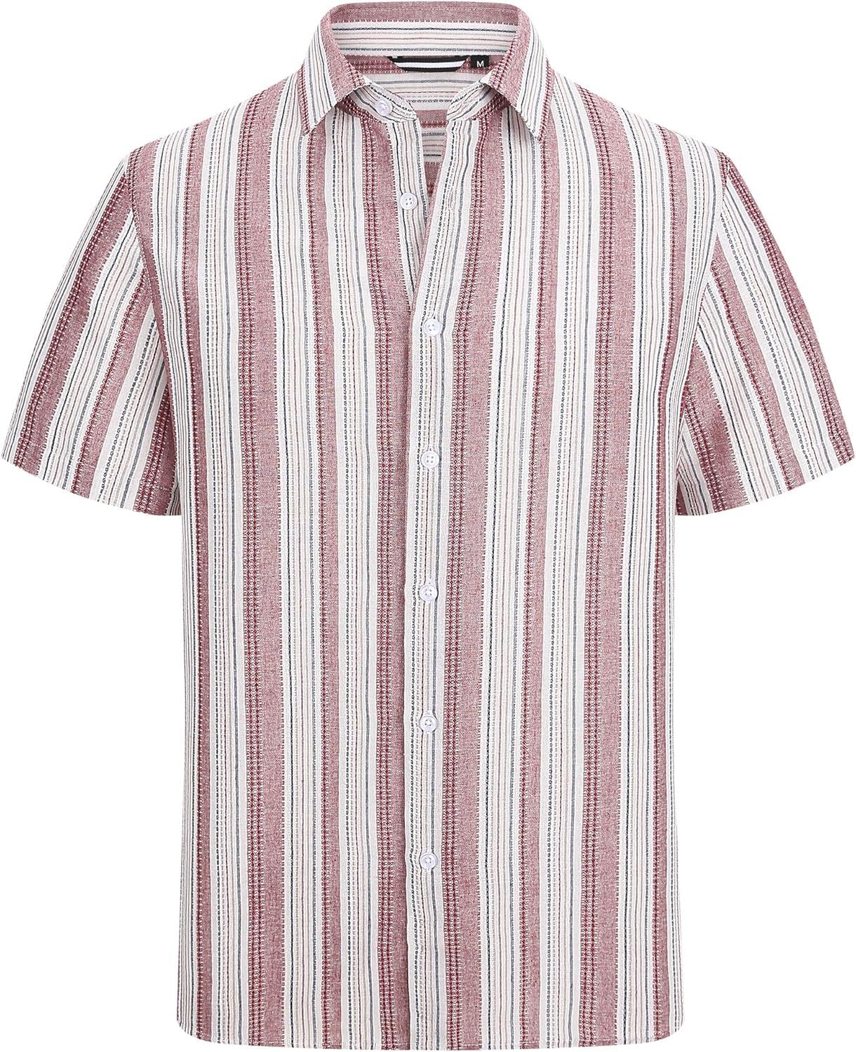 imageAlex Vando Mens Linen Short Sleeve Casual Button Down Shirt for Men Beach Wedding ShirtsRedwhite