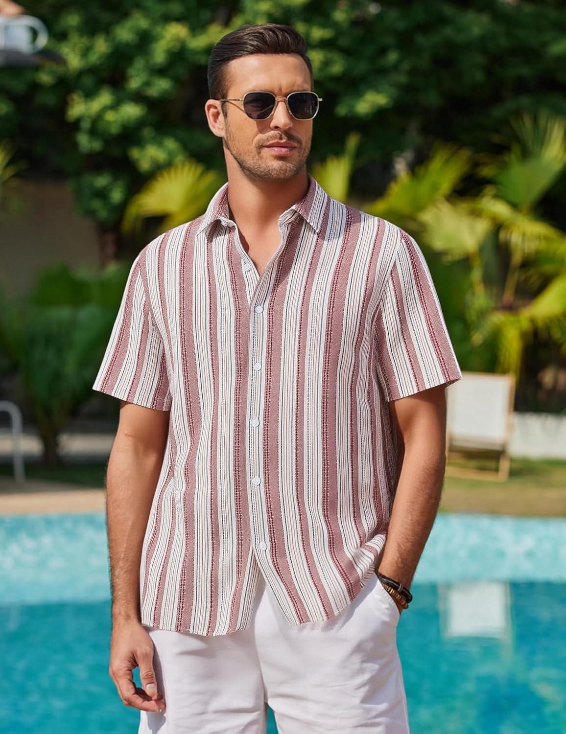 imageAlex Vando Mens Linen Short Sleeve Casual Button Down Shirt for Men Beach Wedding ShirtsRedwhite