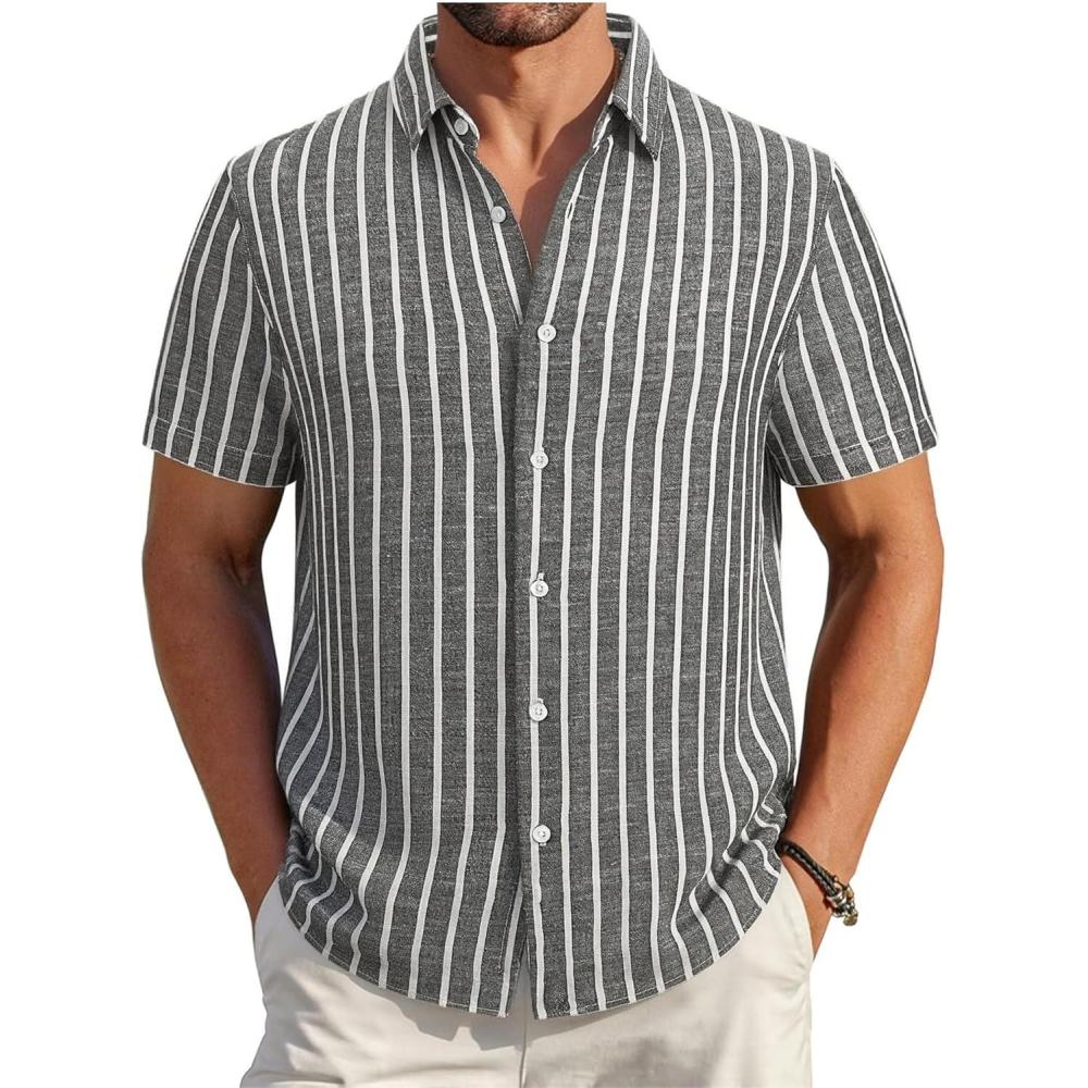 imageAlex Vando Mens Linen Short Sleeve Casual Button Down Shirt for Men Beach Wedding ShirtsBlack