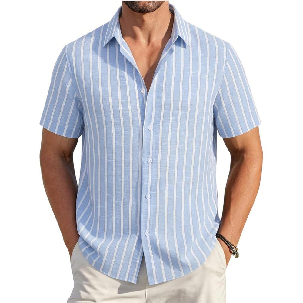 imageAlex Vando Mens Linen Short Sleeve Casual Button Down Shirt for Men Beach Wedding ShirtsBlue