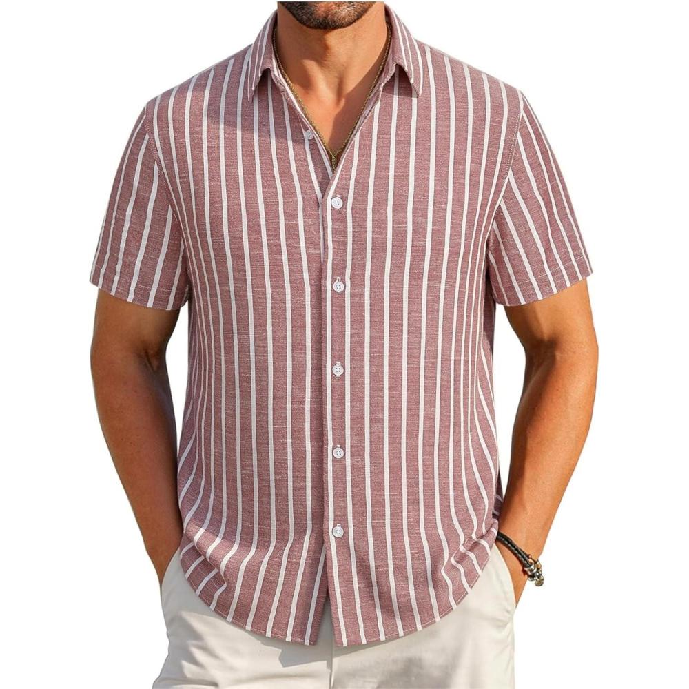 imageAlex Vando Mens Linen Short Sleeve Casual Button Down Shirt for Men Beach Wedding ShirtsBurgundy