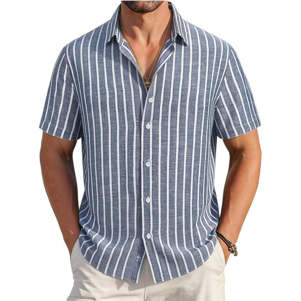 imageAlex Vando Mens Linen Short Sleeve Casual Button Down Shirt for Men Beach Wedding ShirtsDarkblue