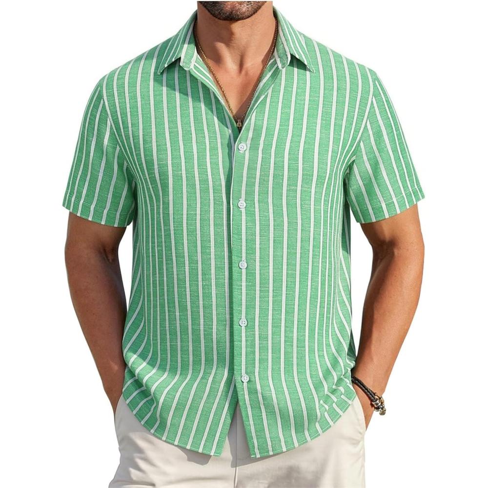 imageAlex Vando Mens Linen Short Sleeve Casual Button Down Shirt for Men Beach Wedding ShirtsGreen