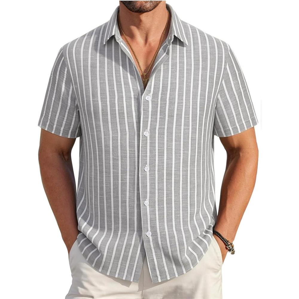 imageAlex Vando Mens Linen Short Sleeve Casual Button Down Shirt for Men Beach Wedding ShirtsGrey