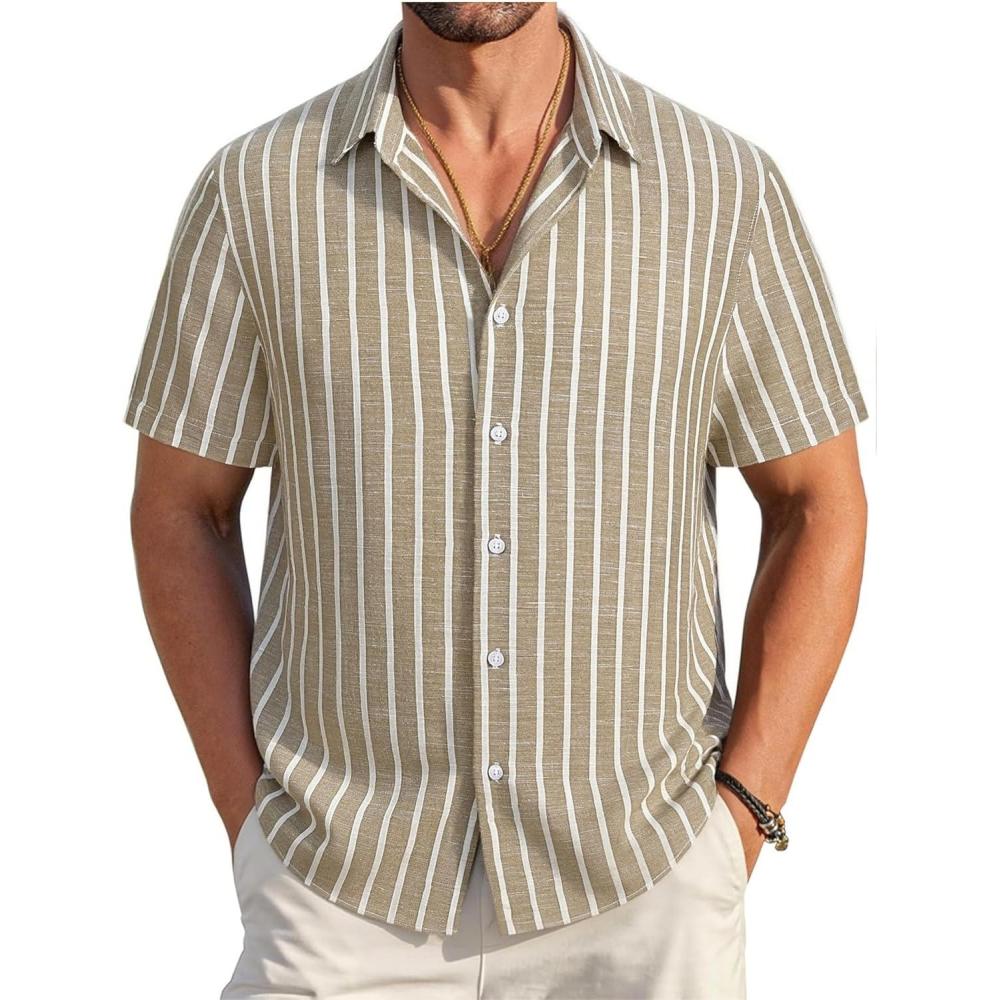imageAlex Vando Mens Linen Short Sleeve Casual Button Down Shirt for Men Beach Wedding ShirtsKhaki