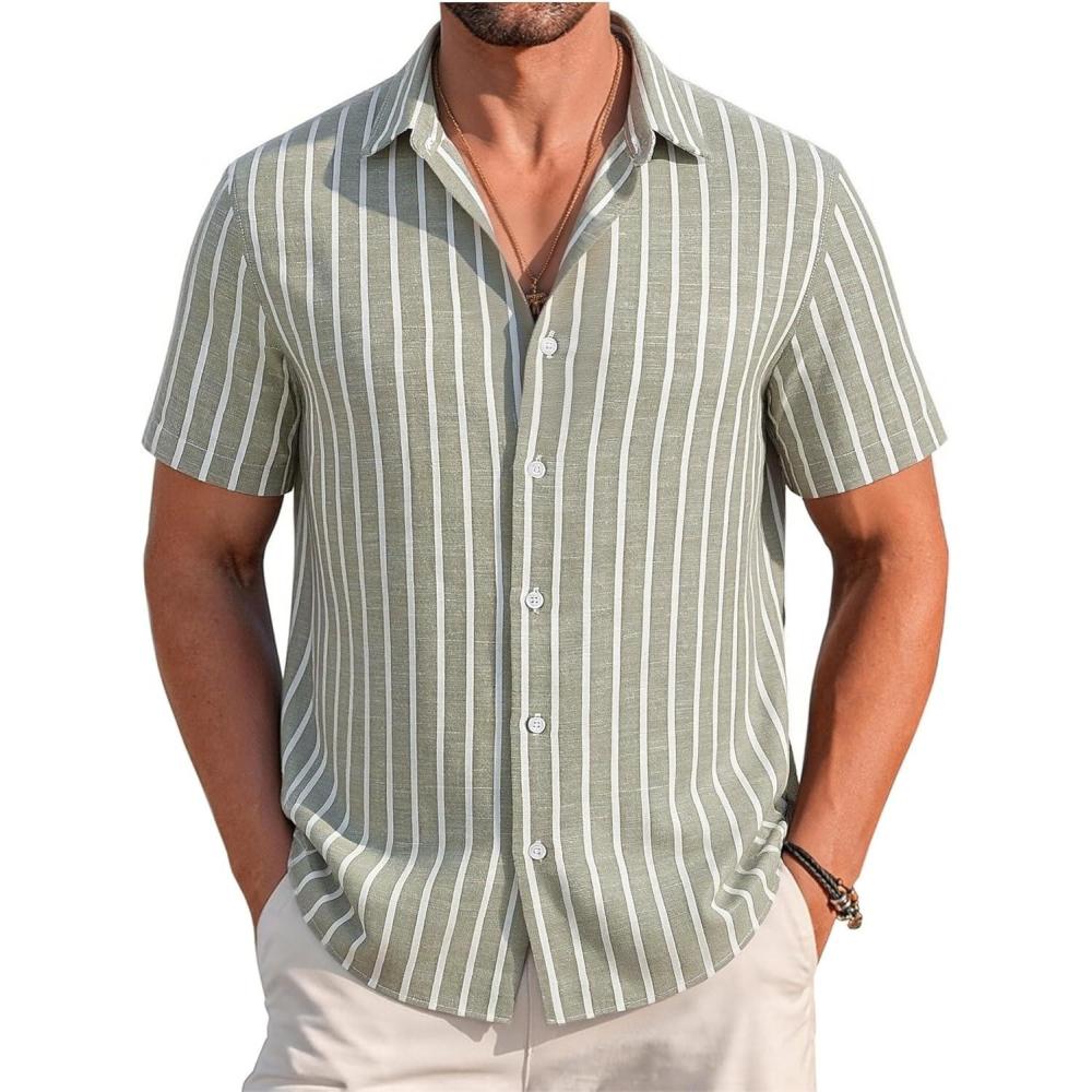 imageAlex Vando Mens Linen Short Sleeve Casual Button Down Shirt for Men Beach Wedding ShirtsLtgreen