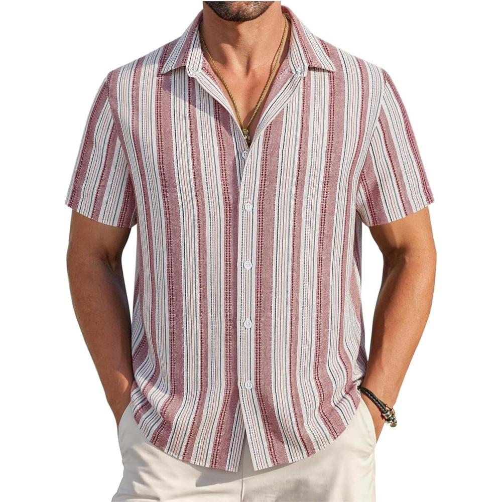 imageAlex Vando Mens Linen Short Sleeve Casual Button Down Shirt for Men Beach Wedding ShirtsRedwhite