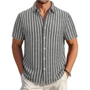 Alex Vando Mens Linen Short Sleeve Casual Button Down Shirt for Men Beach Wedding Shirts(Black)