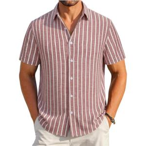 Alex Vando Mens Linen Short Sleeve Casual Button Down Shirt for Men Beach Wedding Shirts(Burgundy)