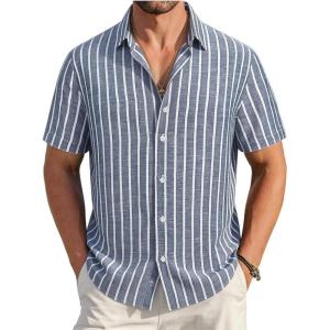 Alex Vando Mens Linen Short Sleeve Casual Button Down Shirt for Men Beach Wedding Shirts(Darkblue)